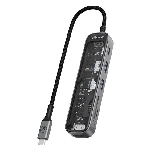 Bonelk Vision Long-Life USB-C to 6-in-1 w/Card Reader Multiport Hub (SG/Clear) Image 1