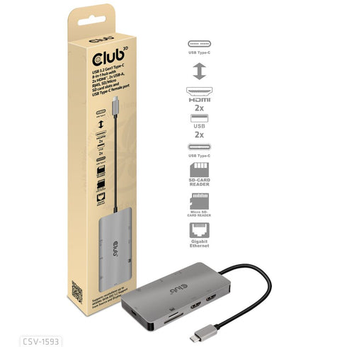 Club 3D CSV-1593 USB-C 8 in 1 Multiport Hub - Digital3d.com.au