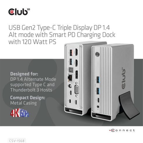Club 3D CSV-1568 USB-C Triple Display DP™ Alt mode + Smart PD Displaylink Docking Station with 120 Watt PSU - Digital3d.com.au