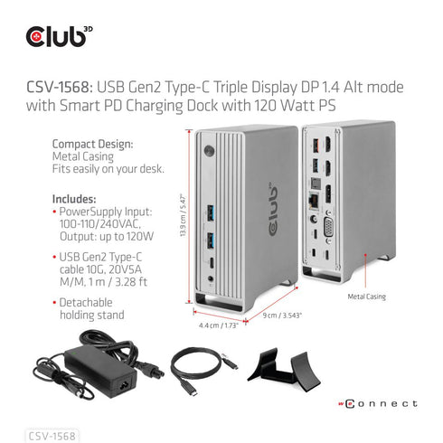 Club 3D CSV-1568 USB-C Triple Display DP™ Alt mode + Smart PD Displaylink Docking Station with 120 Watt PSU - Digital3d.com.au