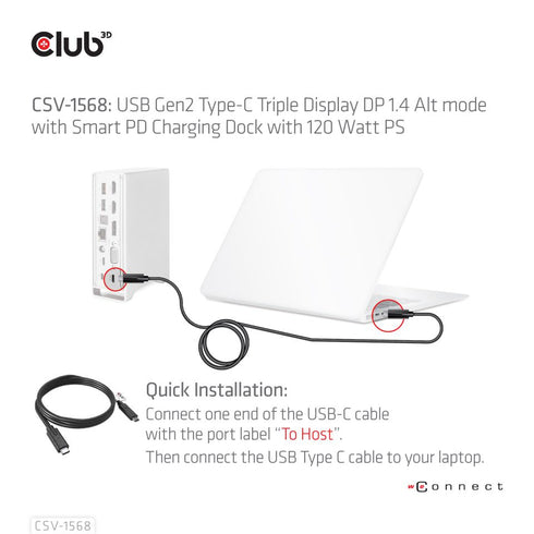 Club 3D CSV-1568 USB-C Triple Display DP™ Alt mode + Smart PD Displaylink Docking Station with 120 Watt PSU - Digital3d.com.au